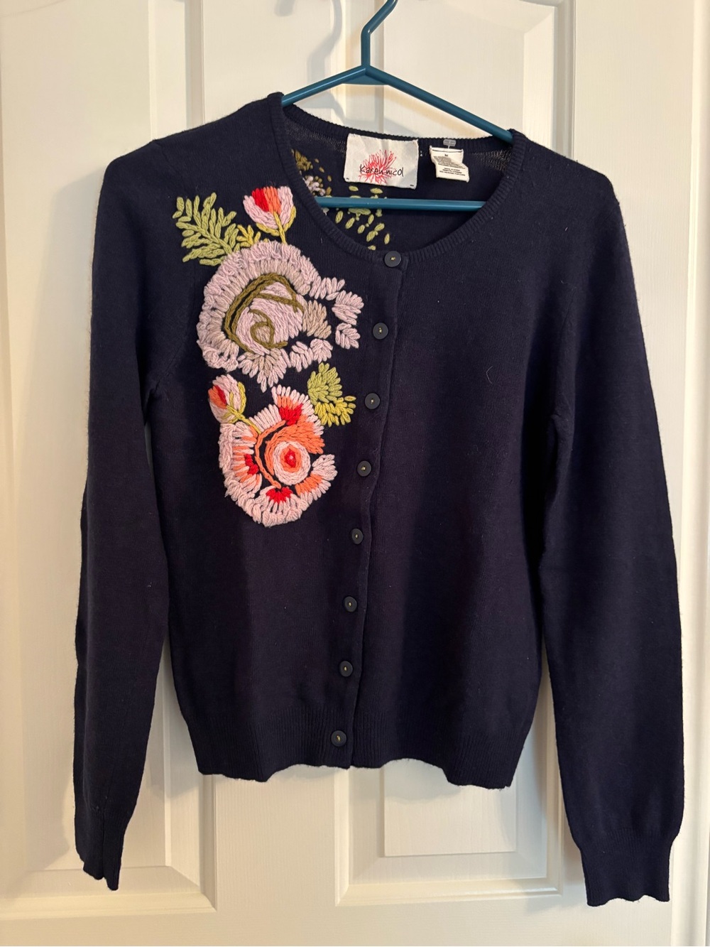 Vintage Anthropologie Embroidered Floral Cardigan Sweater - Navy EUC